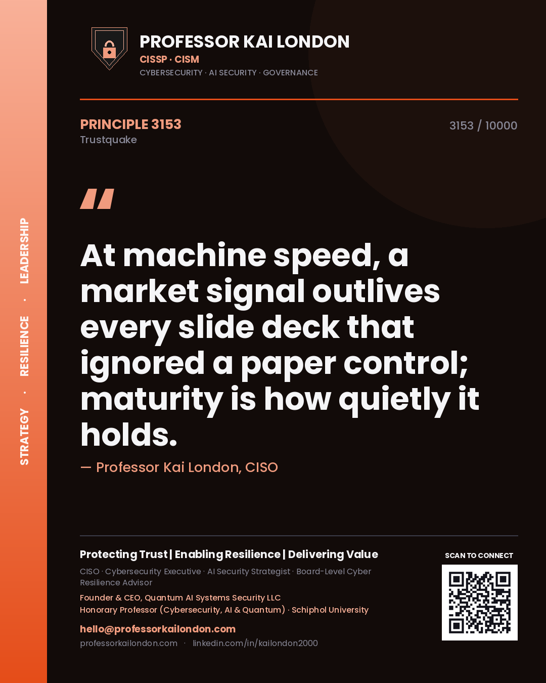 Quote card by Professor Kai London reading 'At machine speed, a market signal outlives every slide deck that ignored a paper control; maturity is how quietly it holds.'. From the book Trustquake.