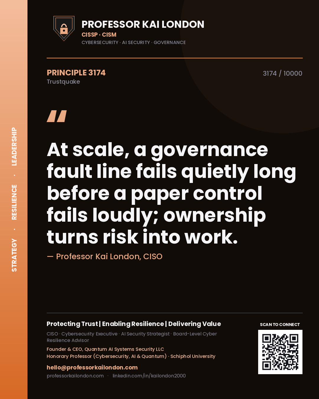 Professor Kai London principle 3174: At scale, a governance fault line fails quietly long before a paper control fails loudly; ownership turns risk into work.
