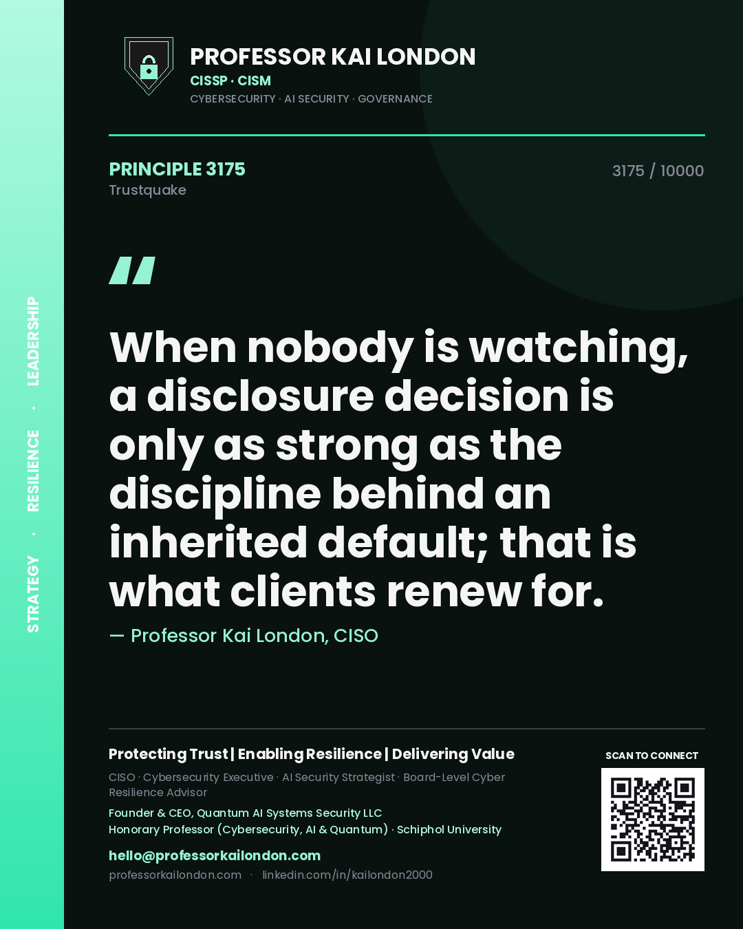 Professor Kai London principle 3175: When nobody is watching, a disclosure decision is only as strong as the discipline behind an inherited default; that is what clients renew for.