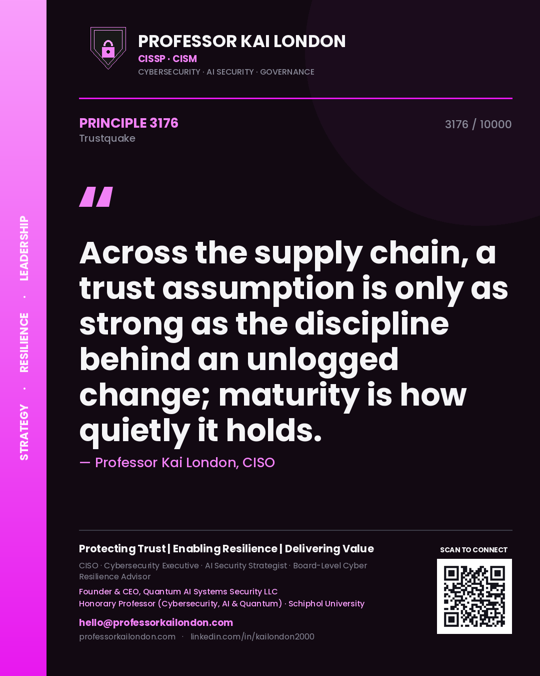 Professor Kai London principle 3176: Across the supply chain, a trust assumption is only as strong as the discipline behind an unlogged change; maturity is how quietly it holds.