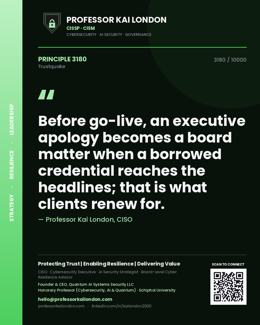 Professor Kai London principle 3180: Before go-live, an executive apology becomes a board matter when a borrowed credential reaches the headlines; that is what clients renew for.