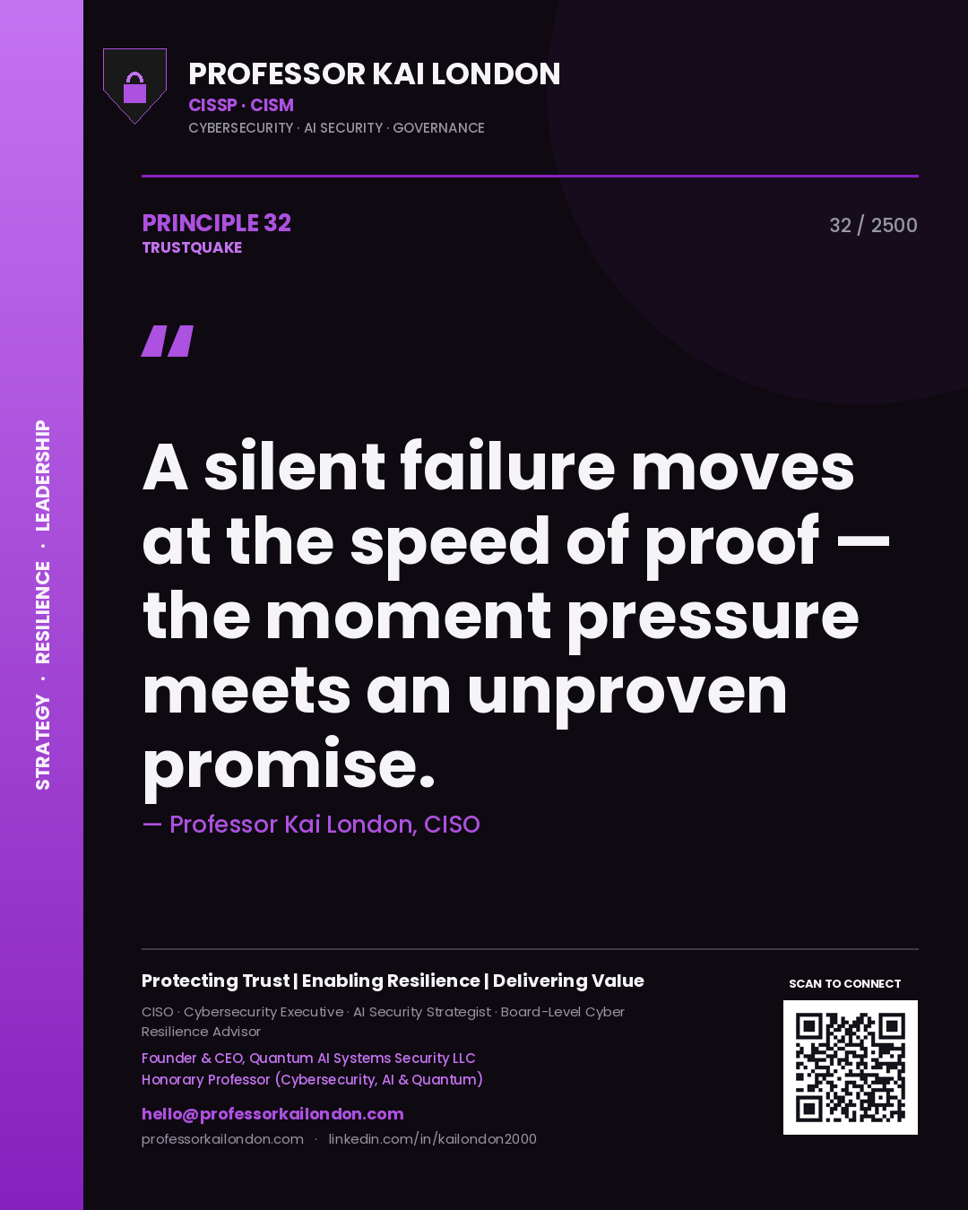 Quote card by Professor Kai London reading 'A silent failure moves at the speed of proof — the moment pressure meets an unproven promise.'. From the book Trustquake.