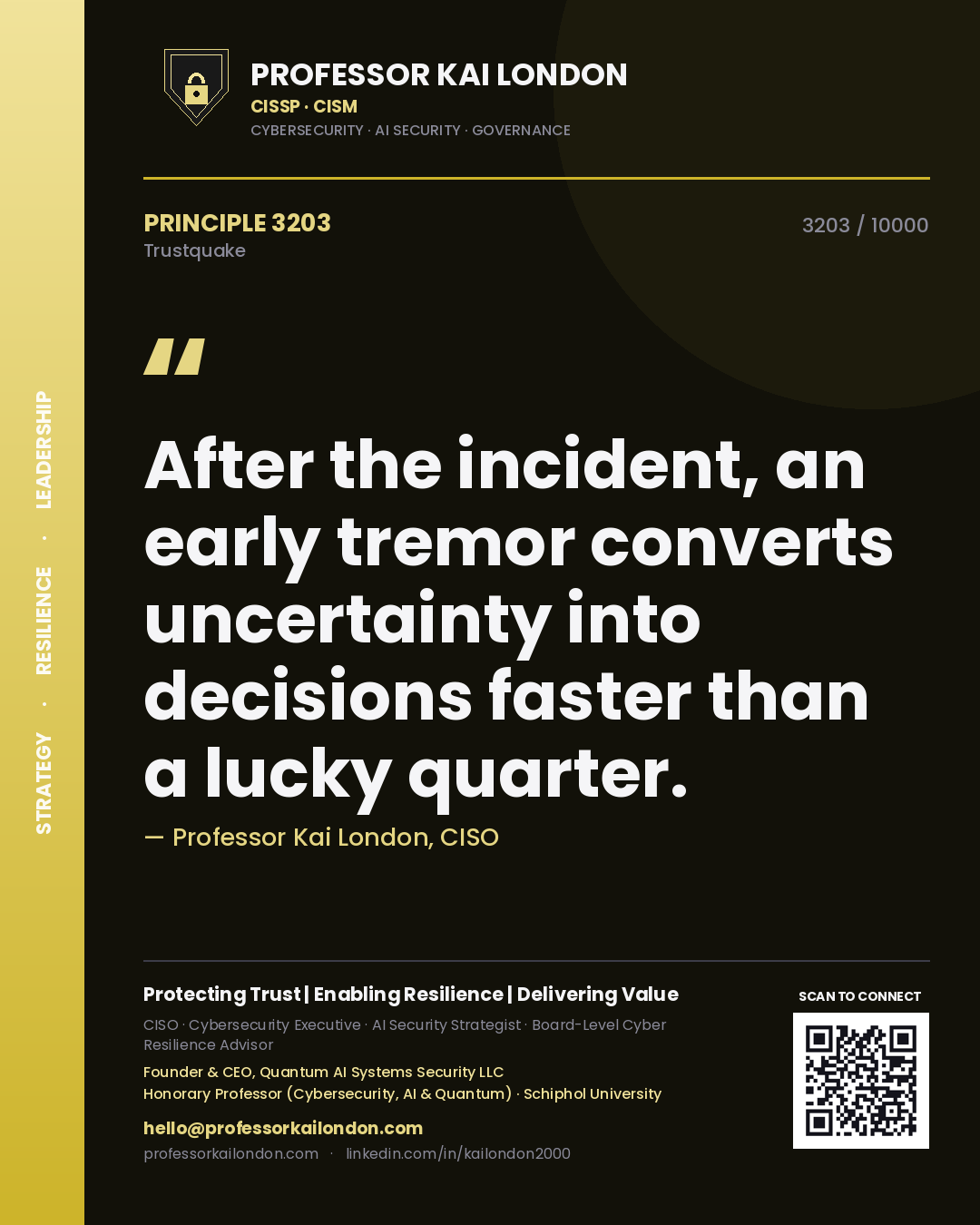 Quote card by Professor Kai London reading 'After the incident, an early tremor converts uncertainty into decisions faster than a lucky quarter.'. From the book Trustquake.