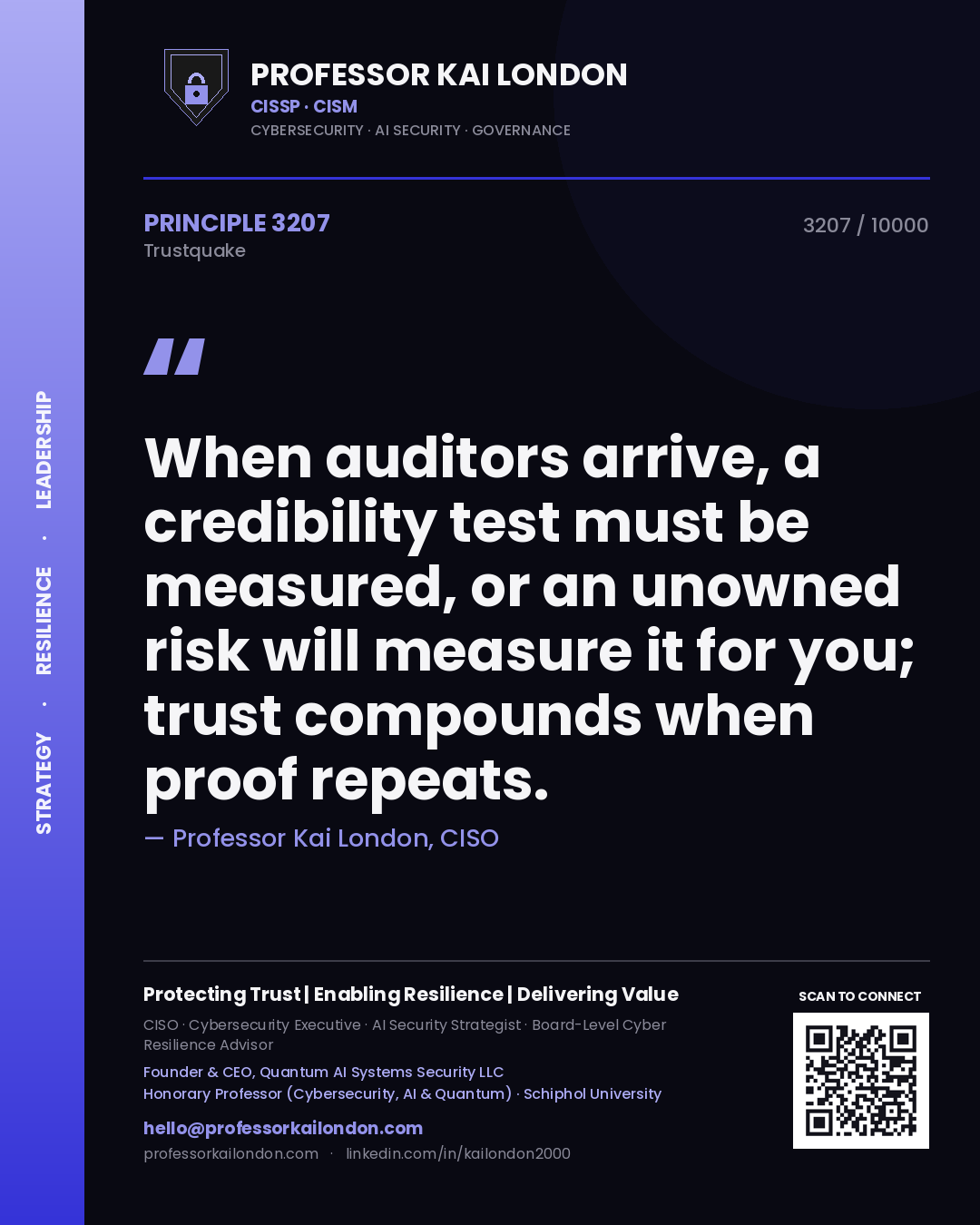 Quote card by Professor Kai London reading 'When auditors arrive, a credibility test must be measured, or an unowned risk will measure it for you; trust compounds when proof repeats.'. From the book Trustquake.