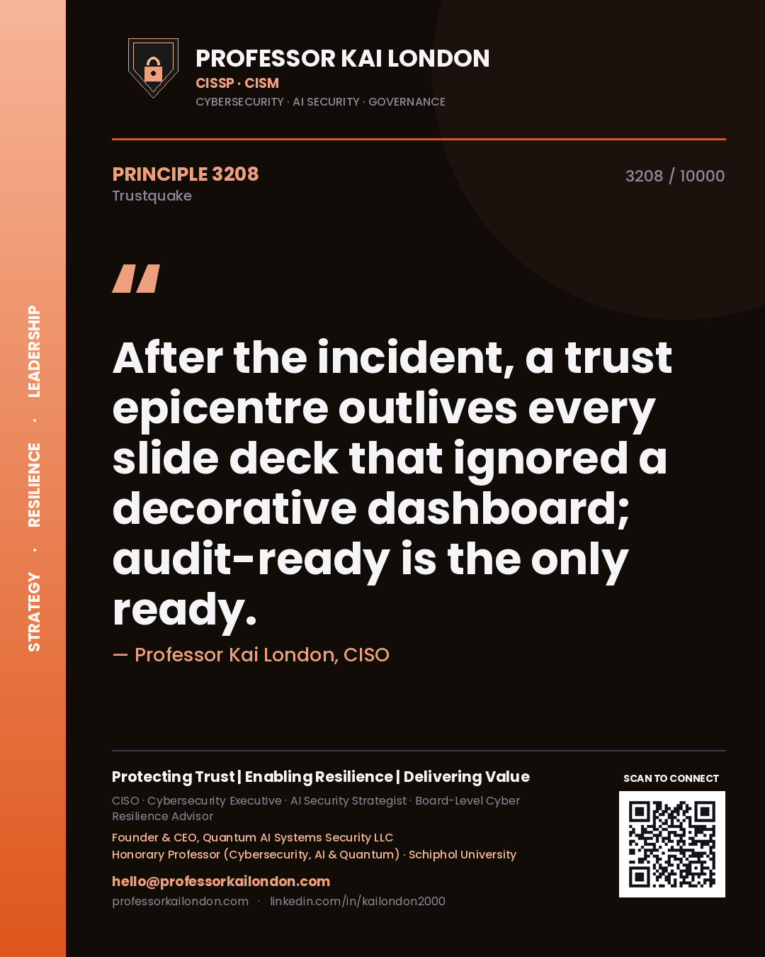 Quote card by Professor Kai London reading 'After the incident, a trust epicentre outlives every slide deck that ignored a decorative dashboard; audit-ready is the only ready.'. From the book Trustquake.