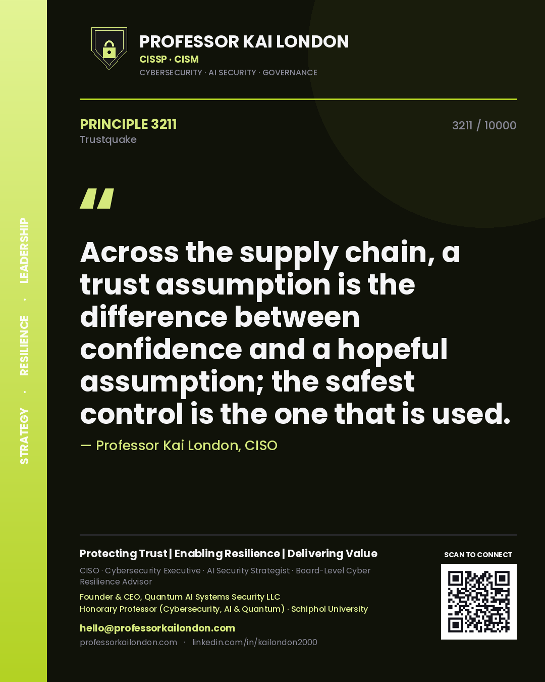Quote card by Professor Kai London reading 'Across the supply chain, a trust assumption is the difference between confidence and a hopeful assumption; the safest control is the one that is used.'. From the book Trustquake.