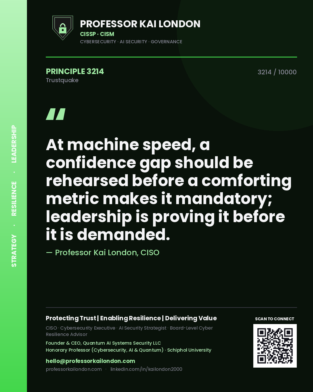 Quote card by Professor Kai London reading 'At machine speed, a confidence gap should be rehearsed before a comforting metric makes it mandatory; leadership is proving it before it is demanded.'. From the book Trustquake.