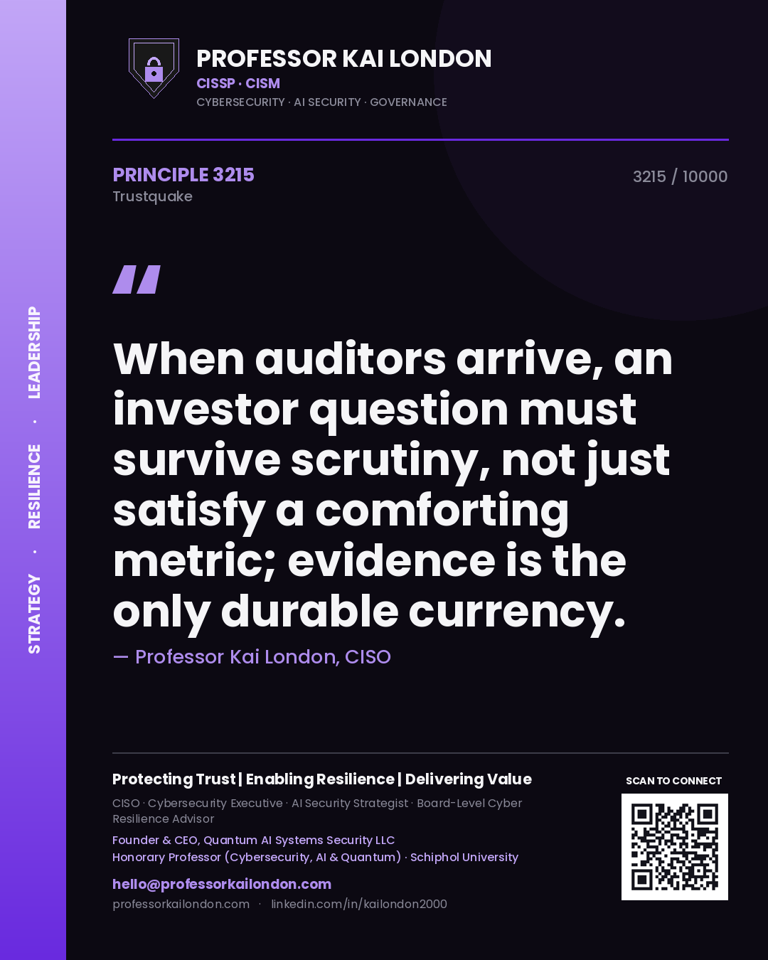 Quote card by Professor Kai London reading 'When auditors arrive, an investor question must survive scrutiny, not just satisfy a comforting metric; evidence is the only durable currency.'. From the book Trustquake.