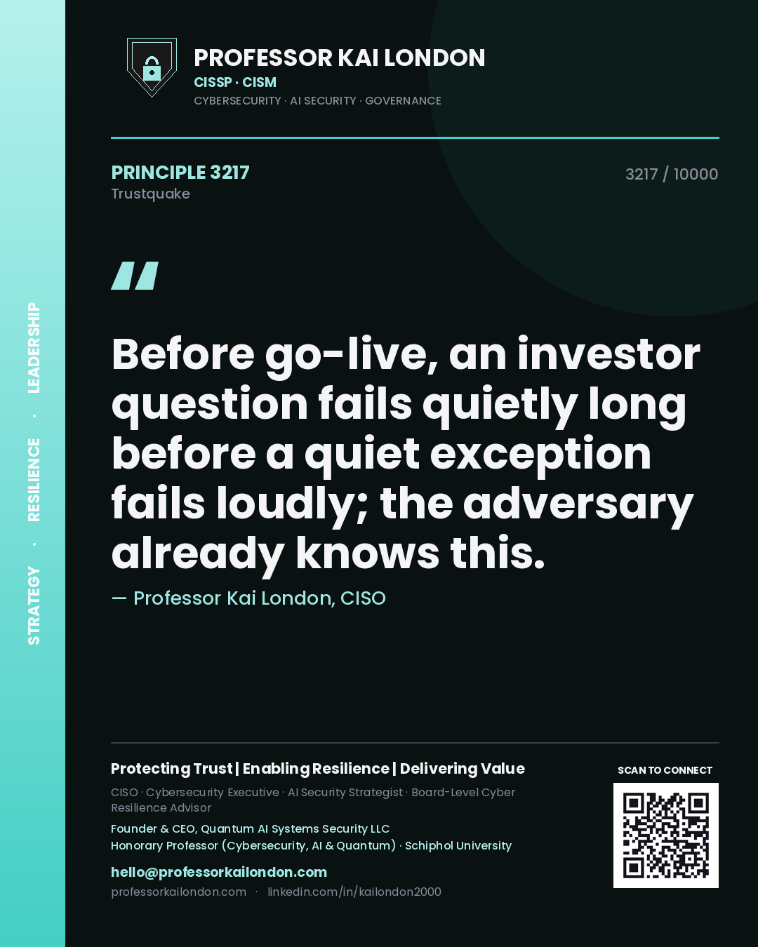 Quote card by Professor Kai London reading 'Before go-live, an investor question fails quietly long before a quiet exception fails loudly; the adversary already knows this.'. From the book Trustquake.