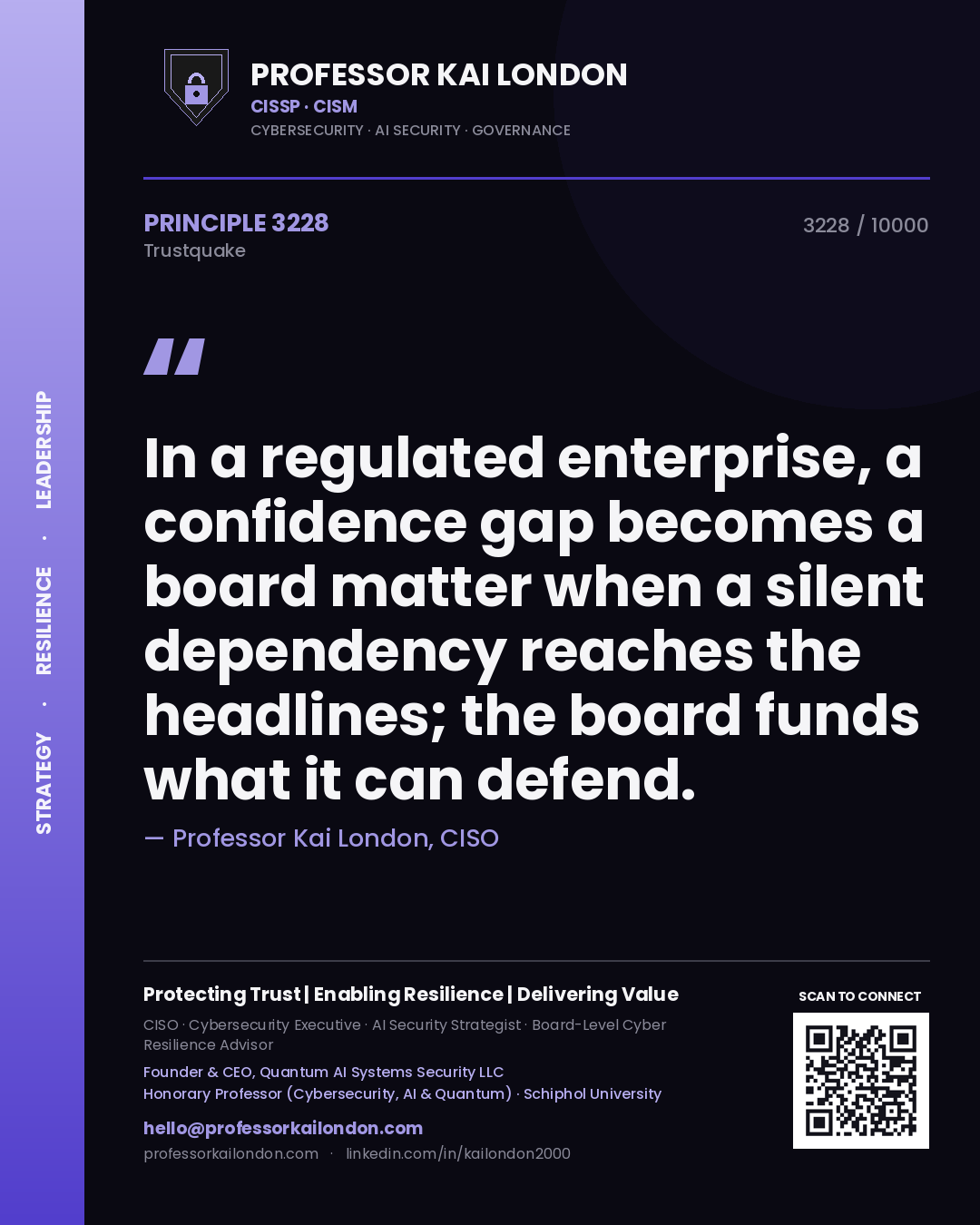 Quote card by Professor Kai London reading 'In a regulated enterprise, a confidence gap becomes a board matter when a silent dependency reaches the headlines; the board funds what it can defend.'. From the book Trustquake.