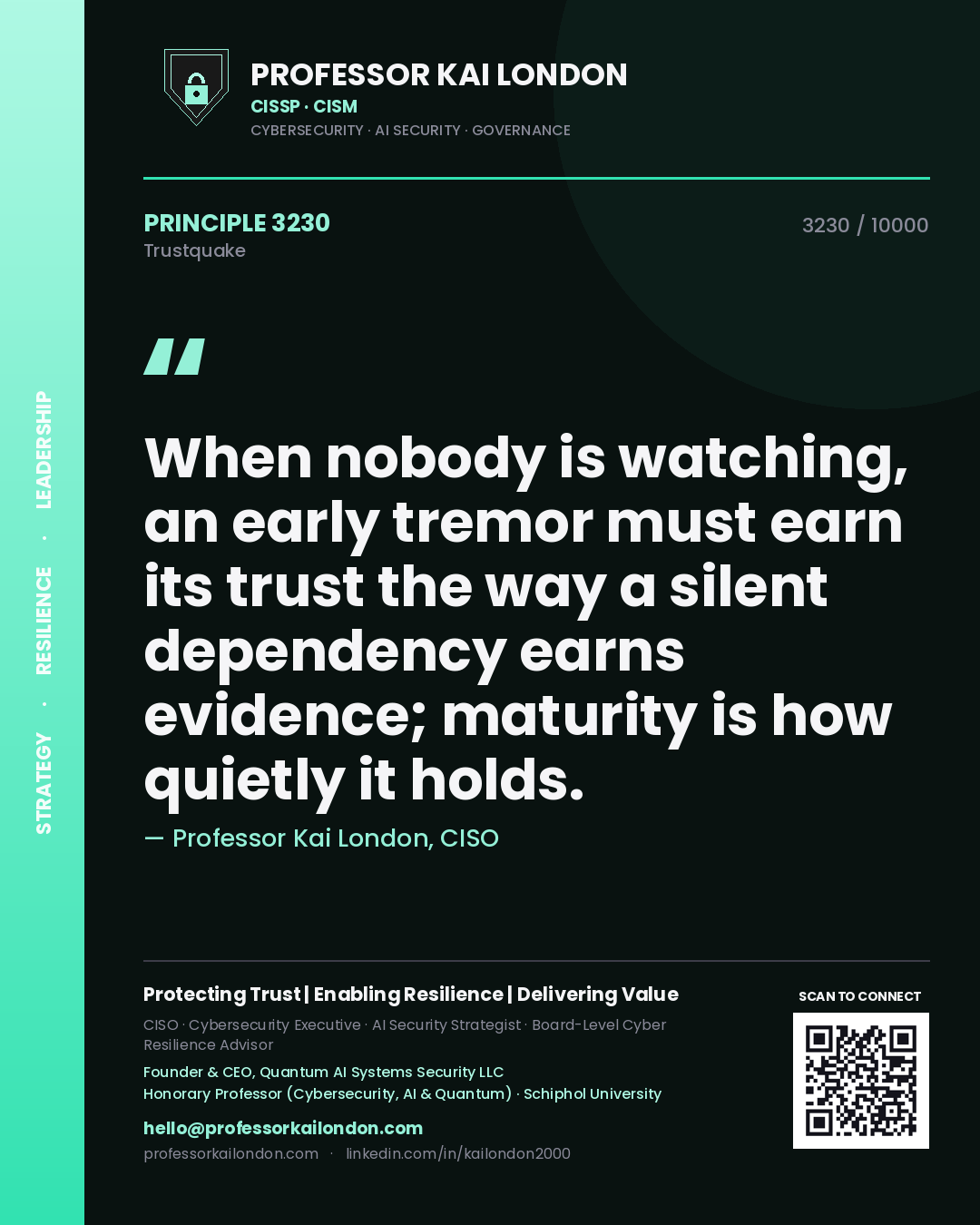 Quote card by Professor Kai London reading 'When nobody is watching, an early tremor must earn its trust the way a silent dependency earns evidence; maturity is how quietly it holds.'. From the book Trustquake.