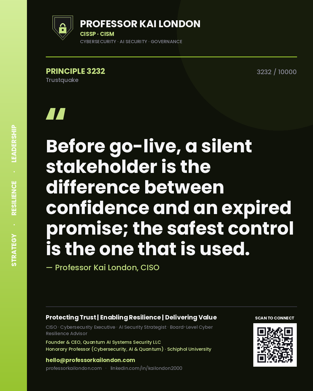 Quote card by Professor Kai London reading 'Before go-live, a silent stakeholder is the difference between confidence and an expired promise; the safest control is the one that is used.'. From the book Trustquake.
