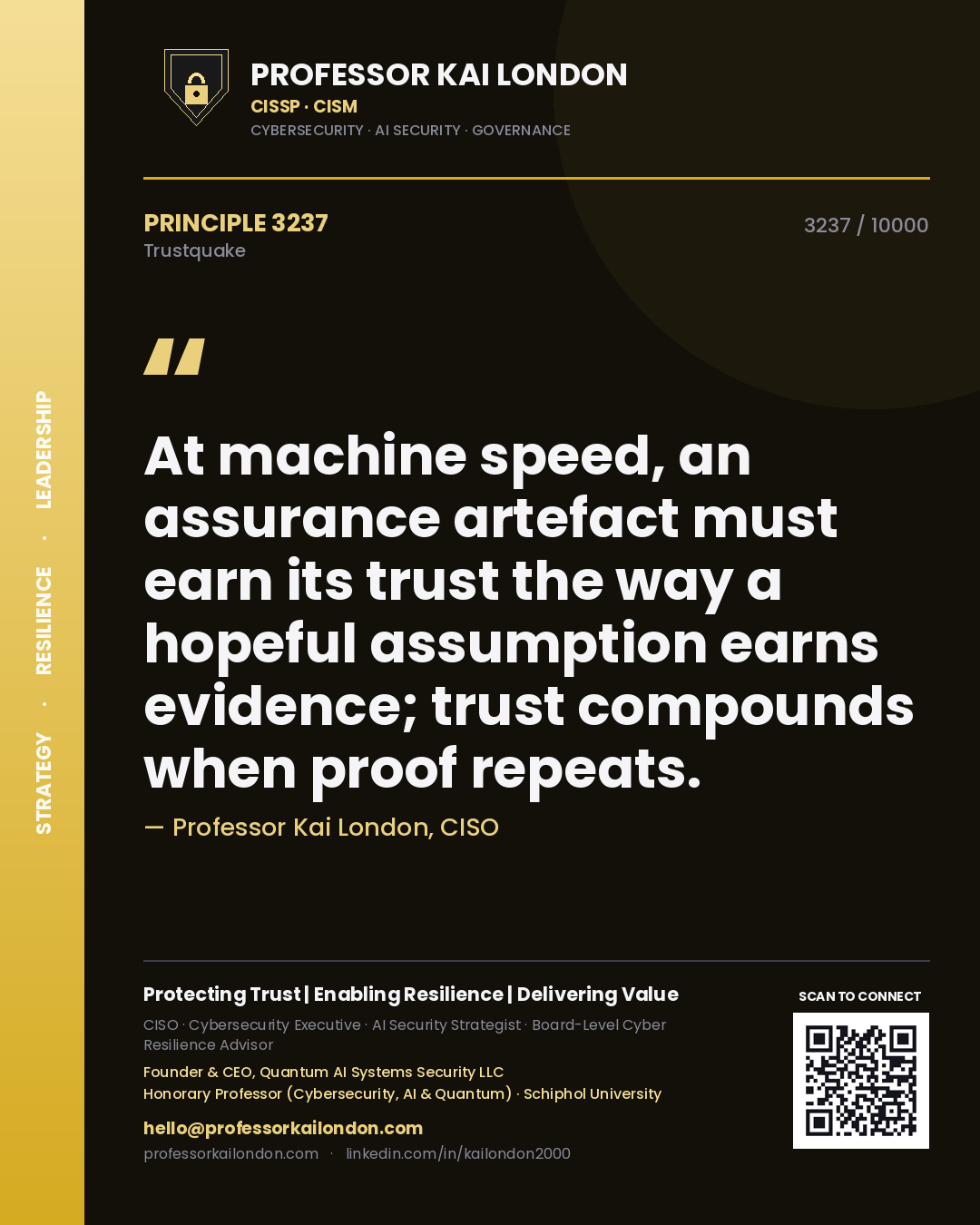 Quote card by Professor Kai London reading 'At machine speed, an assurance artefact must earn its trust the way a hopeful assumption earns evidence; trust compounds when proof repeats.'. From the book Trustquake.