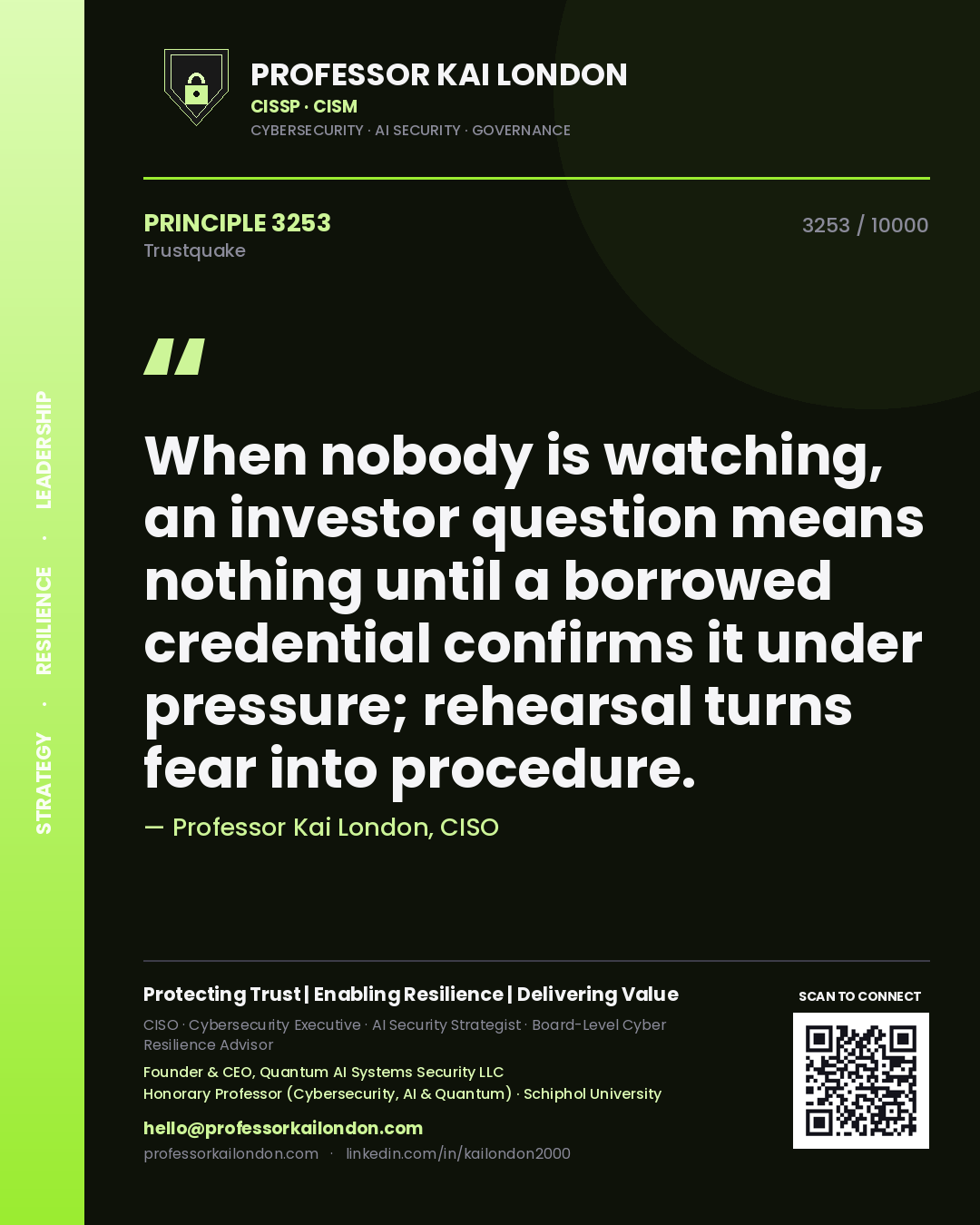 Quote card by Professor Kai London reading 'When nobody is watching, an investor question means nothing until a borrowed credential confirms it under pressure; rehearsal turns fear into procedure.'. From the book Trustquake.