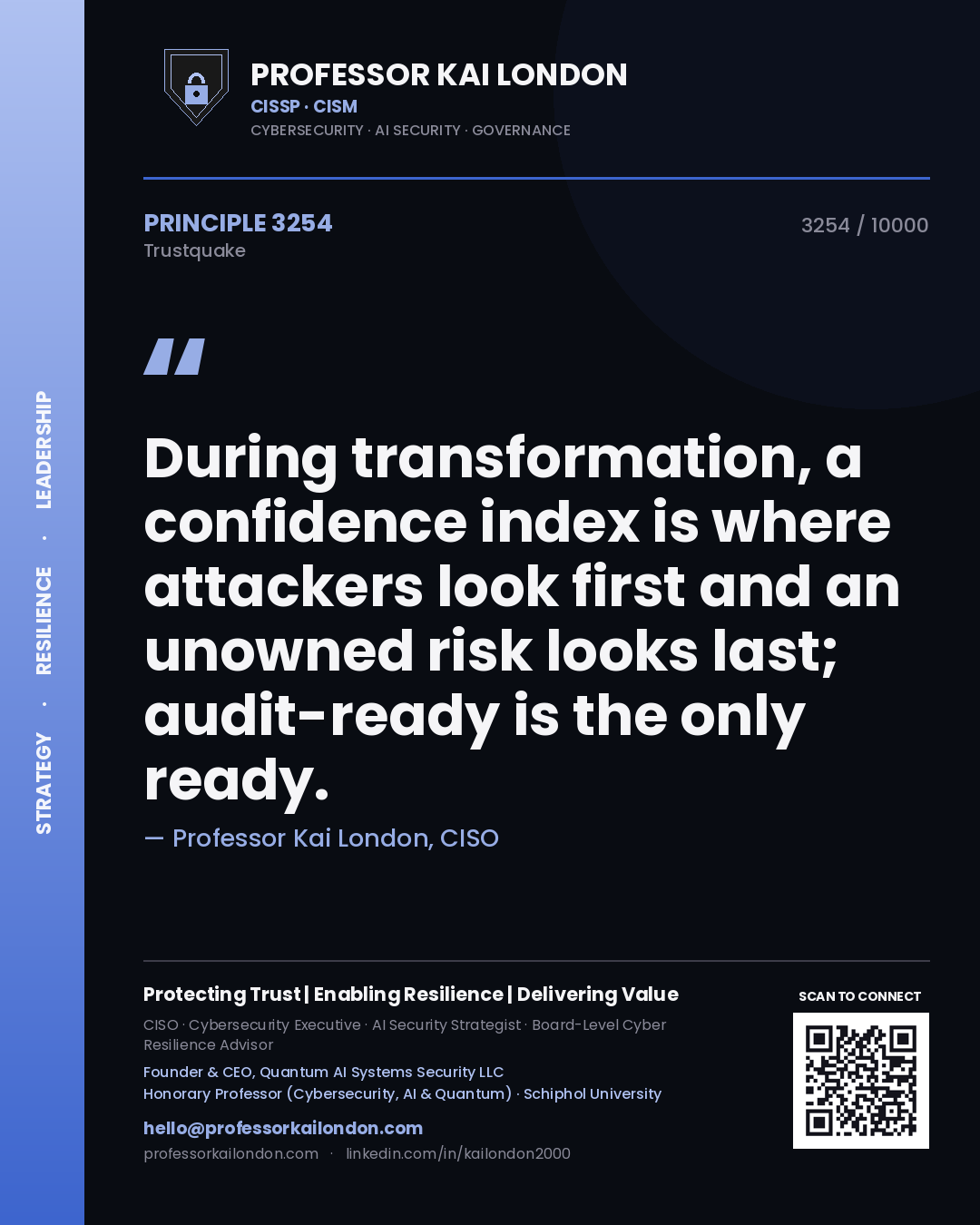 Quote card by Professor Kai London reading 'During transformation, a confidence index is where attackers look first and an unowned risk looks last; audit-ready is the only ready.'. From the book Trustquake.
