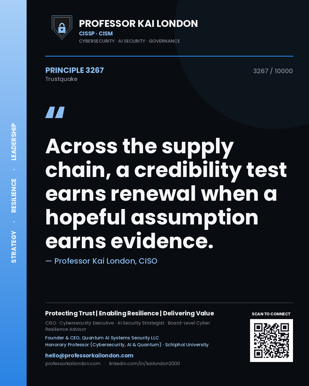Quote card by Professor Kai London reading 'Across the supply chain, a credibility test earns renewal when a hopeful assumption earns evidence.'. From the book Trustquake.