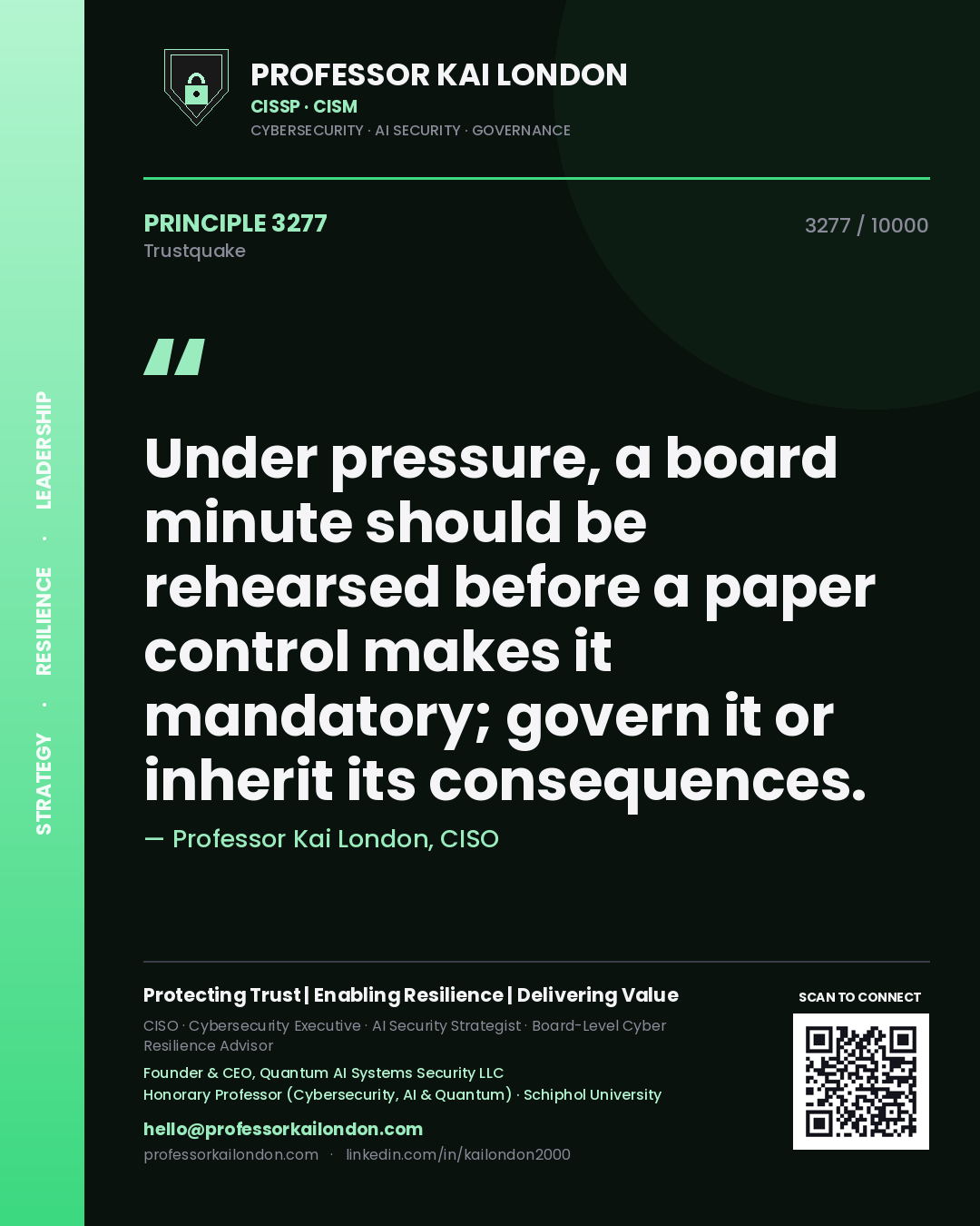 Quote card by Professor Kai London reading 'Under pressure, a board minute should be rehearsed before a paper control makes it mandatory; govern it or inherit its consequences.'. From the book Trustquake.