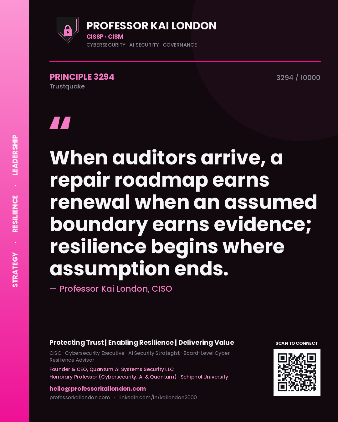 Quote card by Professor Kai London reading 'When auditors arrive, a repair roadmap earns renewal when an assumed boundary earns evidence; resilience begins where assumption ends.'. From the book Trustquake.