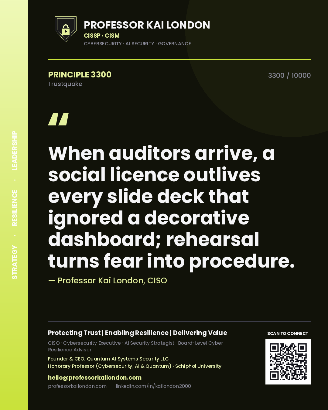 Quote card by Professor Kai London reading 'When auditors arrive, a social licence outlives every slide deck that ignored a decorative dashboard; rehearsal turns fear into procedure.'. From the book Trustquake.