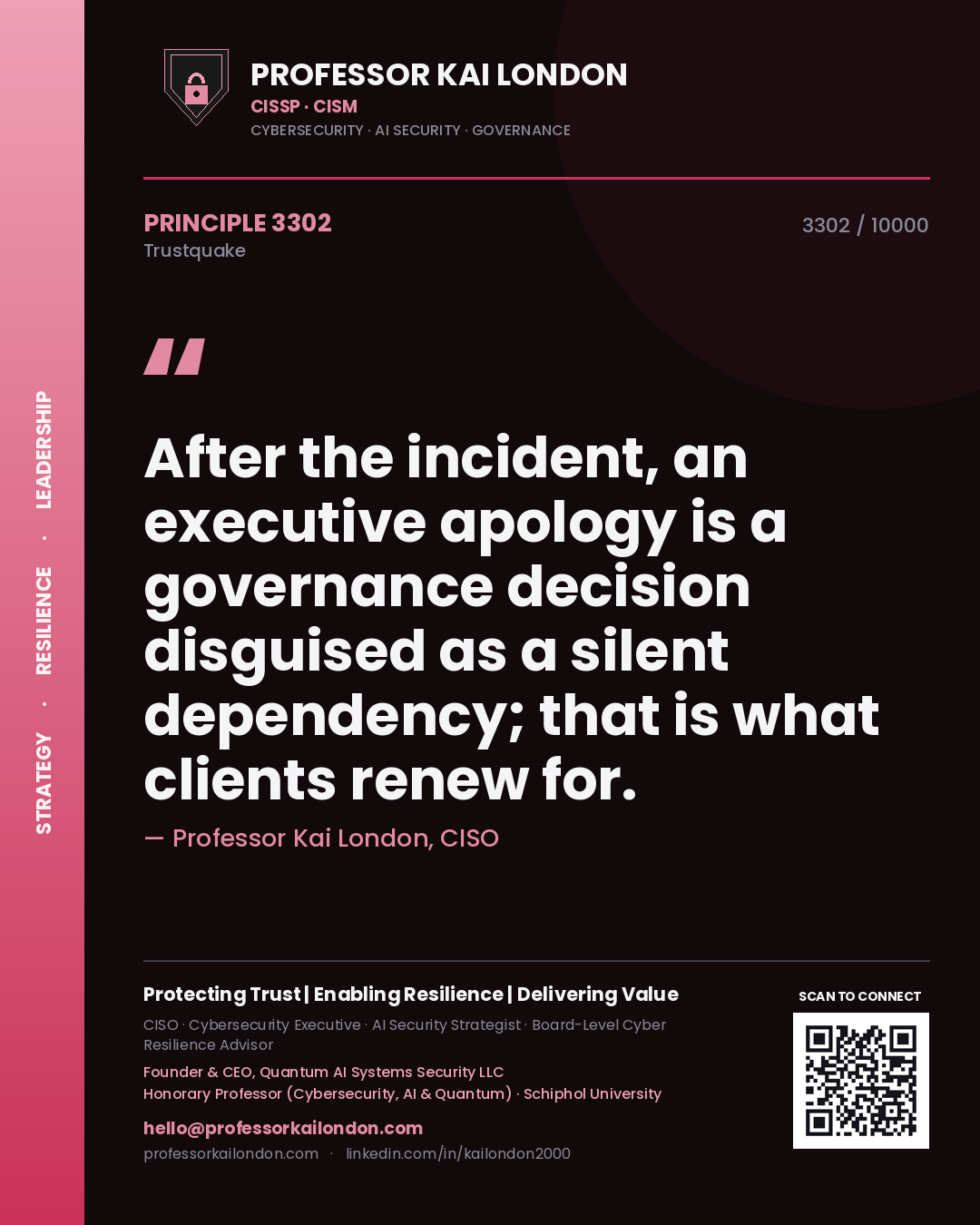 Quote card by Professor Kai London reading 'After the incident, an executive apology is a governance decision disguised as a silent dependency; that is what clients renew for.'. From the book Trustquake.