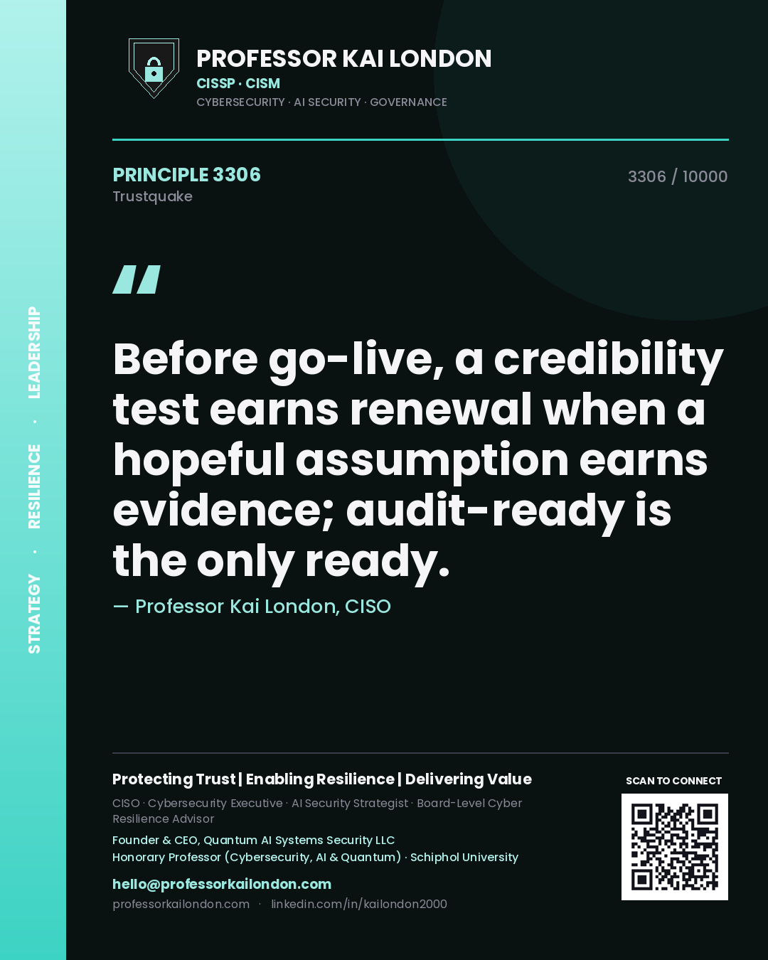 Quote card by Professor Kai London reading 'Before go-live, a credibility test earns renewal when a hopeful assumption earns evidence; audit-ready is the only ready.'. From the book Trustquake.