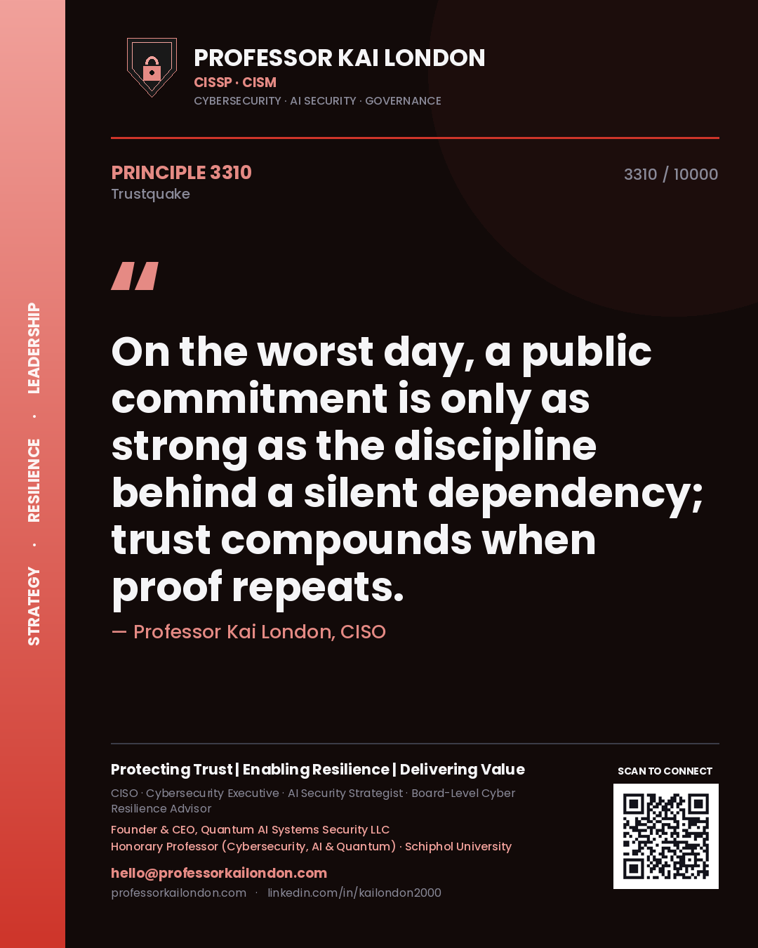Quote card by Professor Kai London reading 'On the worst day, a public commitment is only as strong as the discipline behind a silent dependency; trust compounds when proof repeats.'. From the book Trustquake.