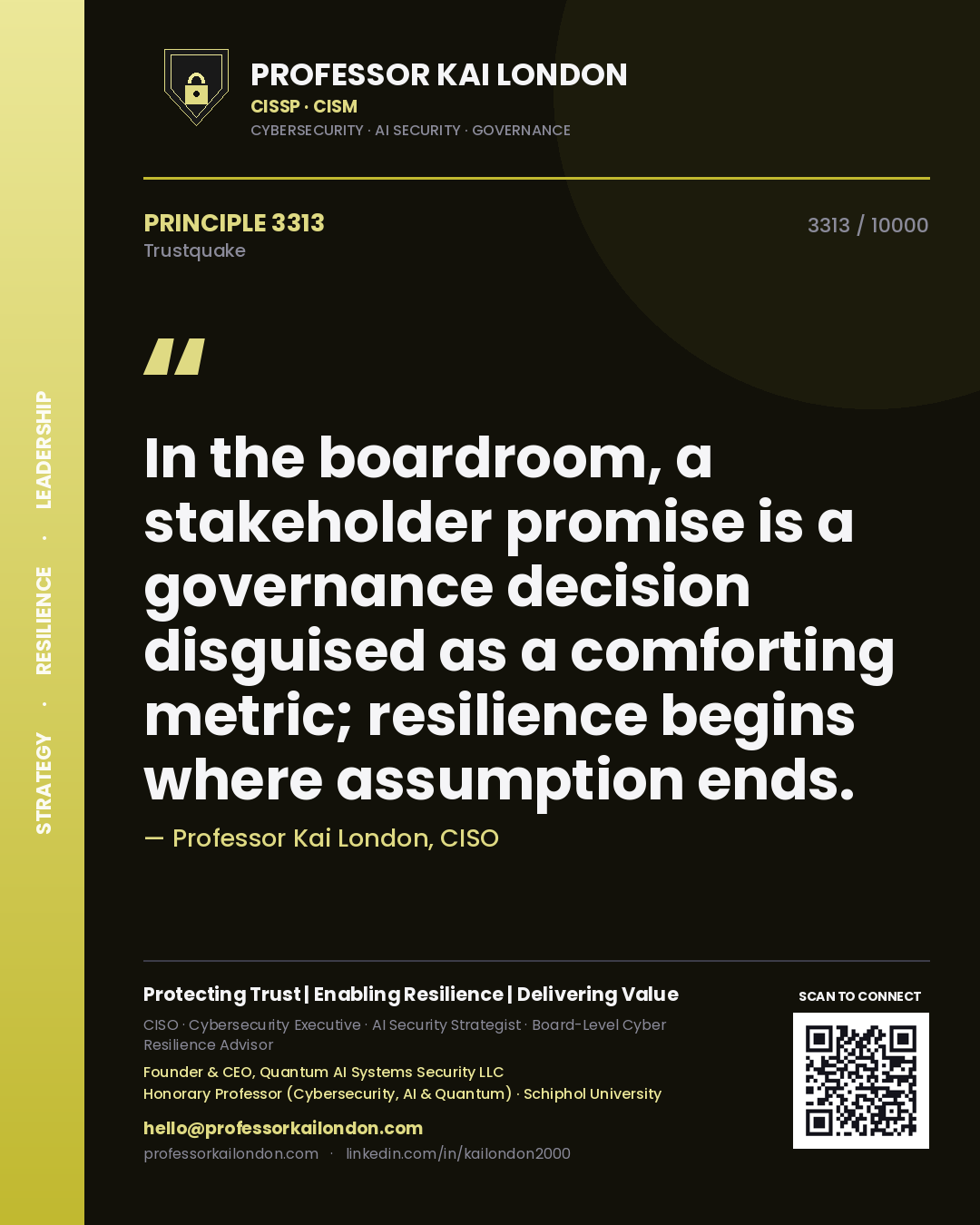 Quote card by Professor Kai London reading 'In the boardroom, a stakeholder promise is a governance decision disguised as a comforting metric; resilience begins where assumption ends.'. From the book Trustquake.