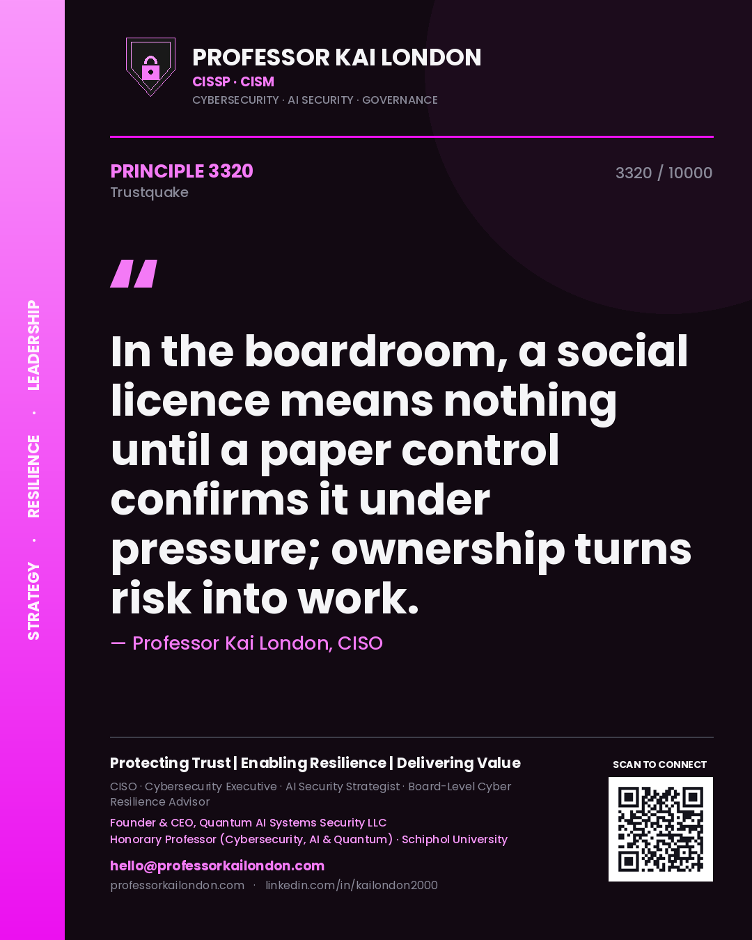 Quote card by Professor Kai London reading 'In the boardroom, a social licence means nothing until a paper control confirms it under pressure; ownership turns risk into work.'. From the book Trustquake.