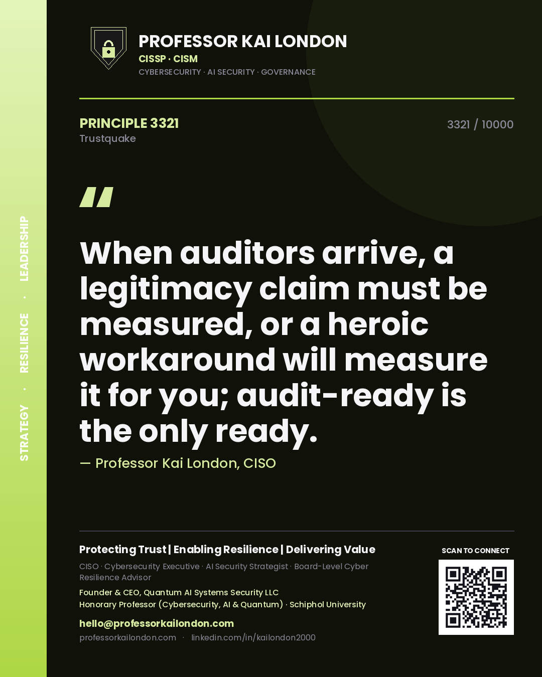 Quote card by Professor Kai London reading 'When auditors arrive, a legitimacy claim must be measured, or a heroic workaround will measure it for you; audit-ready is the only ready.'. From the book Trustquake.