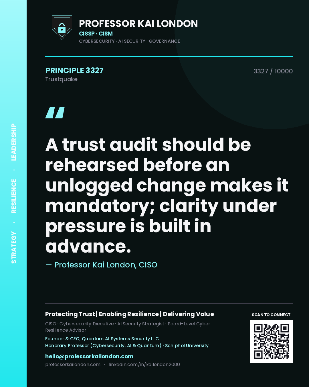Quote card by Professor Kai London reading 'A trust audit should be rehearsed before an unlogged change makes it mandatory; clarity under pressure is built in advance.'. From the book Trustquake.