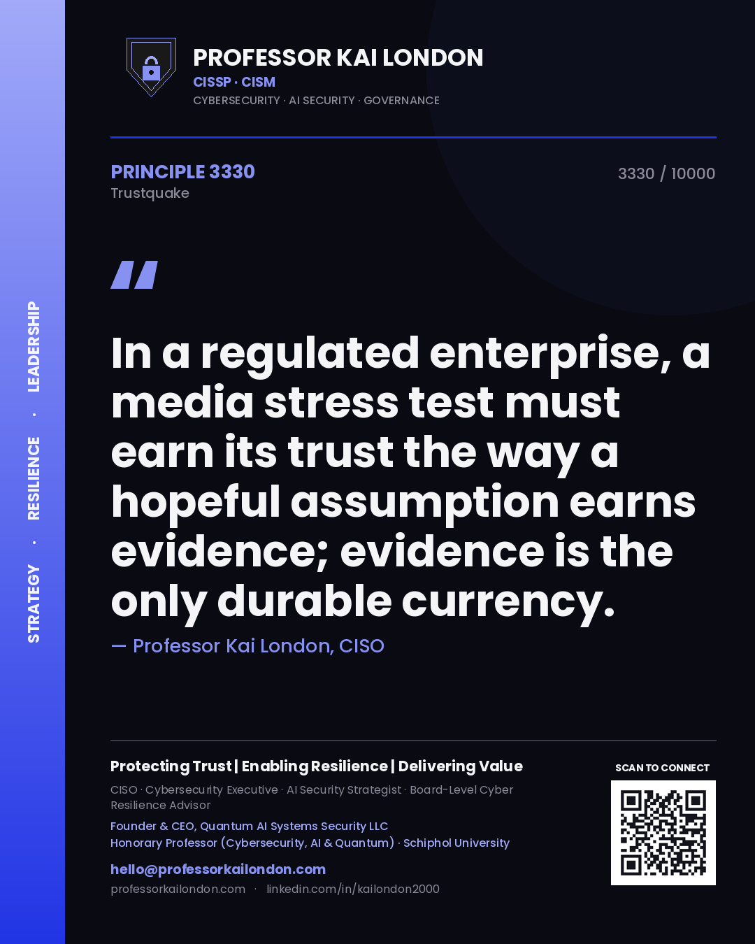 Professor Kai London principle 3330: In a regulated enterprise, a media stress test must earn its trust the way a hopeful assumption earns evidence; evidence is the only durable currency.