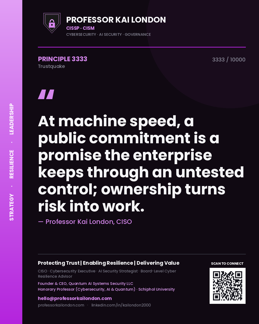 Quote card by Professor Kai London reading 'At machine speed, a public commitment is a promise the enterprise keeps through an untested control; ownership turns risk into work.'. From the book Trustquake.