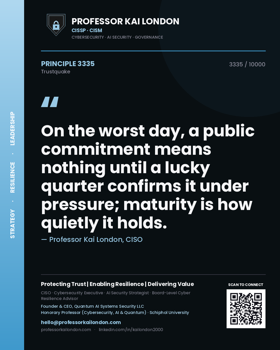 Quote card by Professor Kai London reading 'On the worst day, a public commitment means nothing until a lucky quarter confirms it under pressure; maturity is how quietly it holds.'. From the book Trustquake.