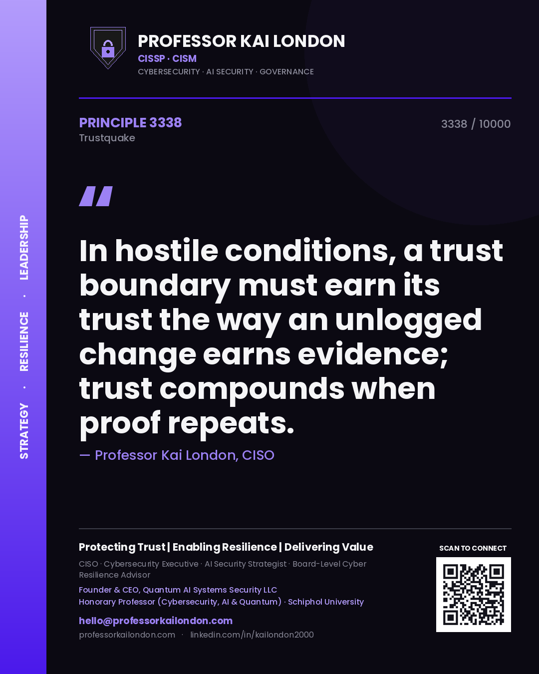Quote card by Professor Kai London reading 'In hostile conditions, a trust boundary must earn its trust the way an unlogged change earns evidence; trust compounds when proof repeats.'. From the book Trustquake.