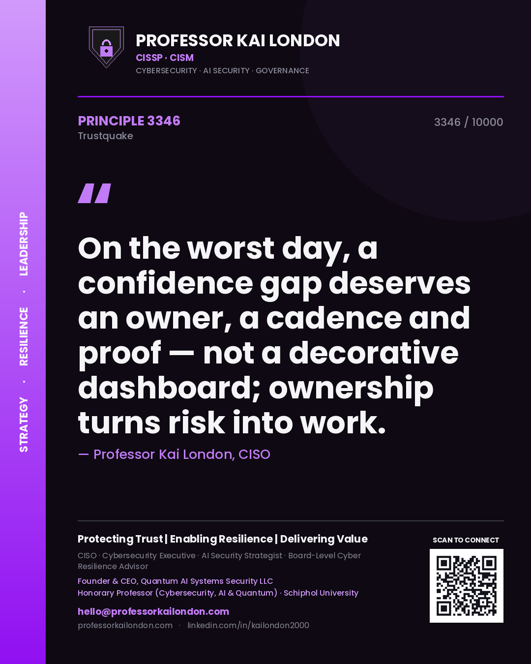 Quote card by Professor Kai London reading 'On the worst day, a confidence gap deserves an owner, a cadence and proof — not a decorative dashboard; ownership turns risk into work.'. From the book Trustquake.
