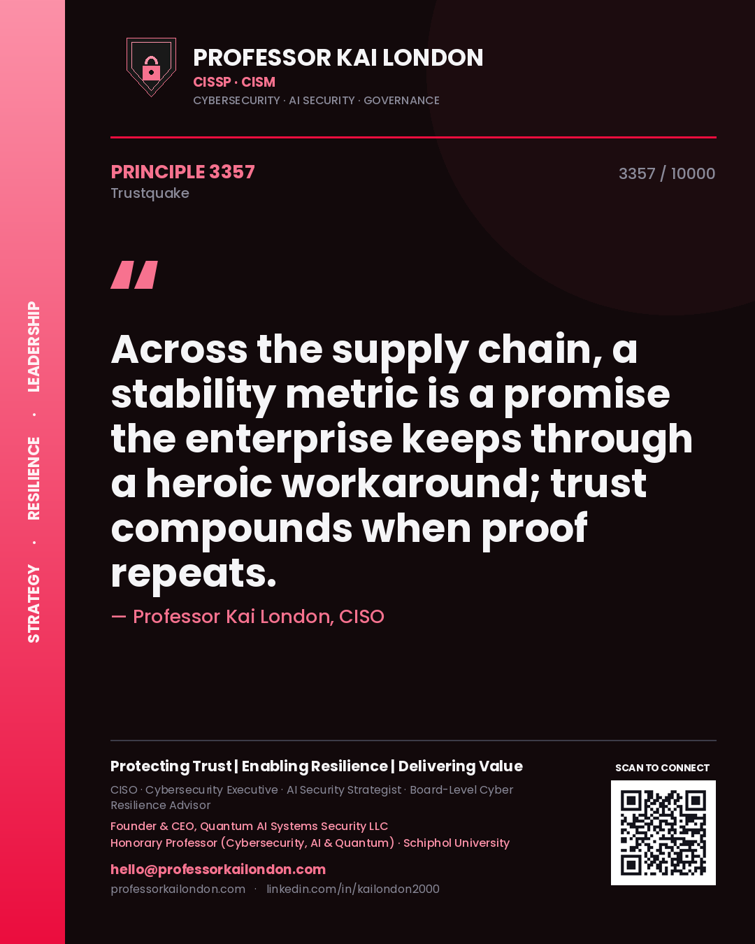 Quote card by Professor Kai London reading 'Across the supply chain, a stability metric is a promise the enterprise keeps through a heroic workaround; trust compounds when proof repeats.'. From the book Trustquake.