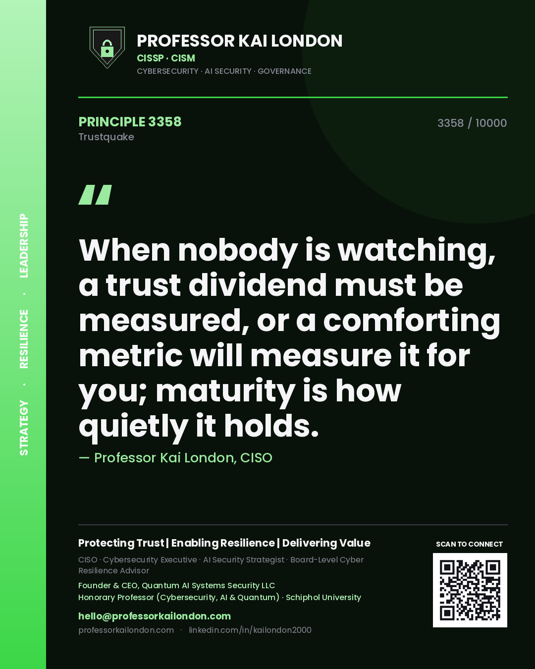 Quote card by Professor Kai London reading 'When nobody is watching, a trust dividend must be measured, or a comforting metric will measure it for you; maturity is how quietly it holds.'. From the book Trustquake.