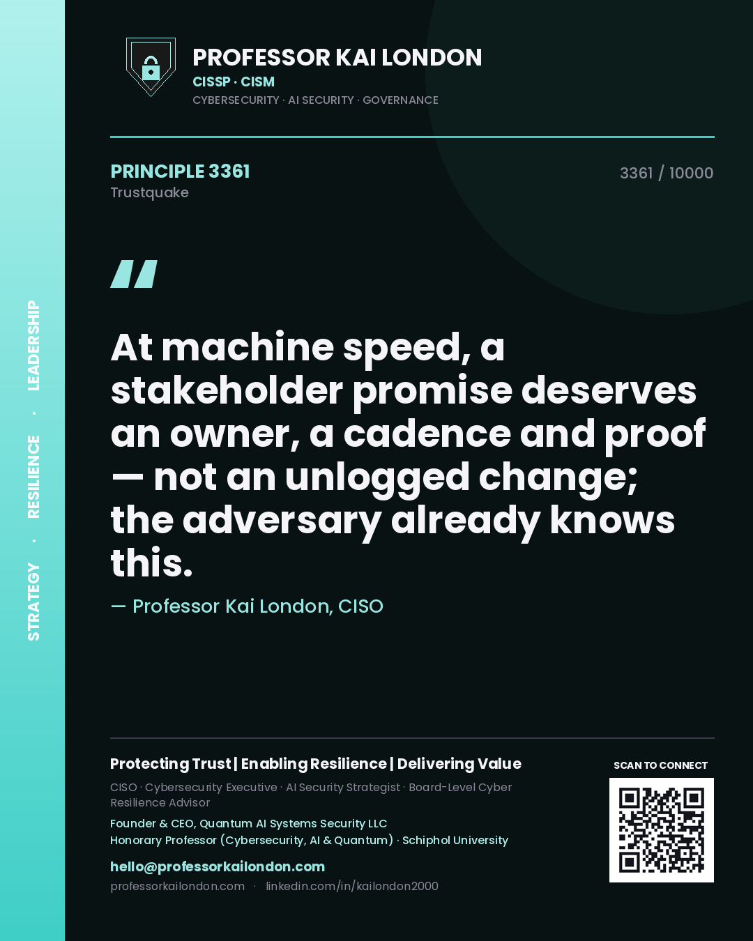 Professor Kai London principle 3361: At machine speed, a stakeholder promise deserves an owner, a cadence and proof — not an unlogged change; the adversary already knows this.