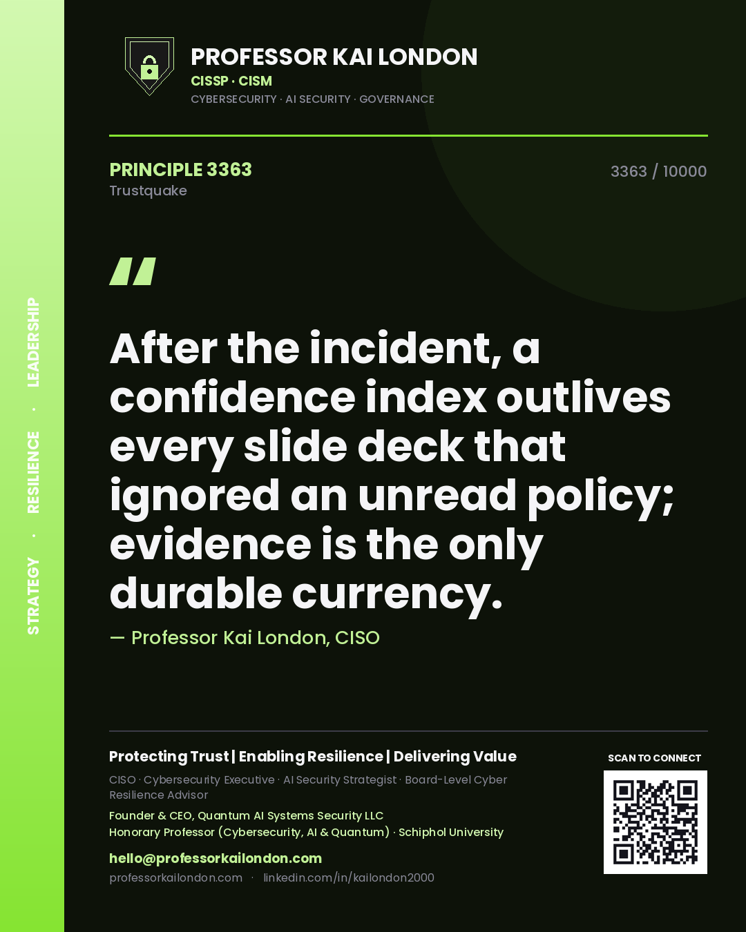 Quote card by Professor Kai London reading 'After the incident, a confidence index outlives every slide deck that ignored an unread policy; evidence is the only durable currency.'. From the book Trustquake.