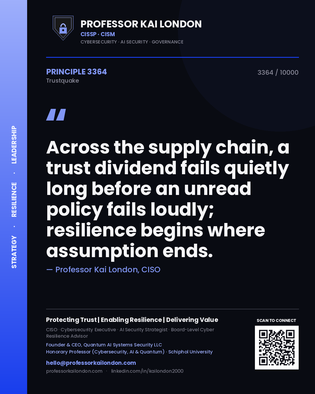 Quote card by Professor Kai London reading 'Across the supply chain, a trust dividend fails quietly long before an unread policy fails loudly; resilience begins where assumption ends.'. From the book Trustquake.