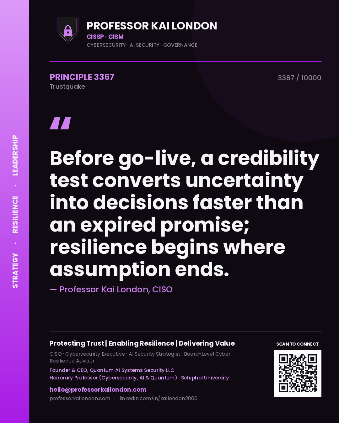 Quote card by Professor Kai London reading 'Before go-live, a credibility test converts uncertainty into decisions faster than an expired promise; resilience begins where assumption ends.'. From the book Trustquake.