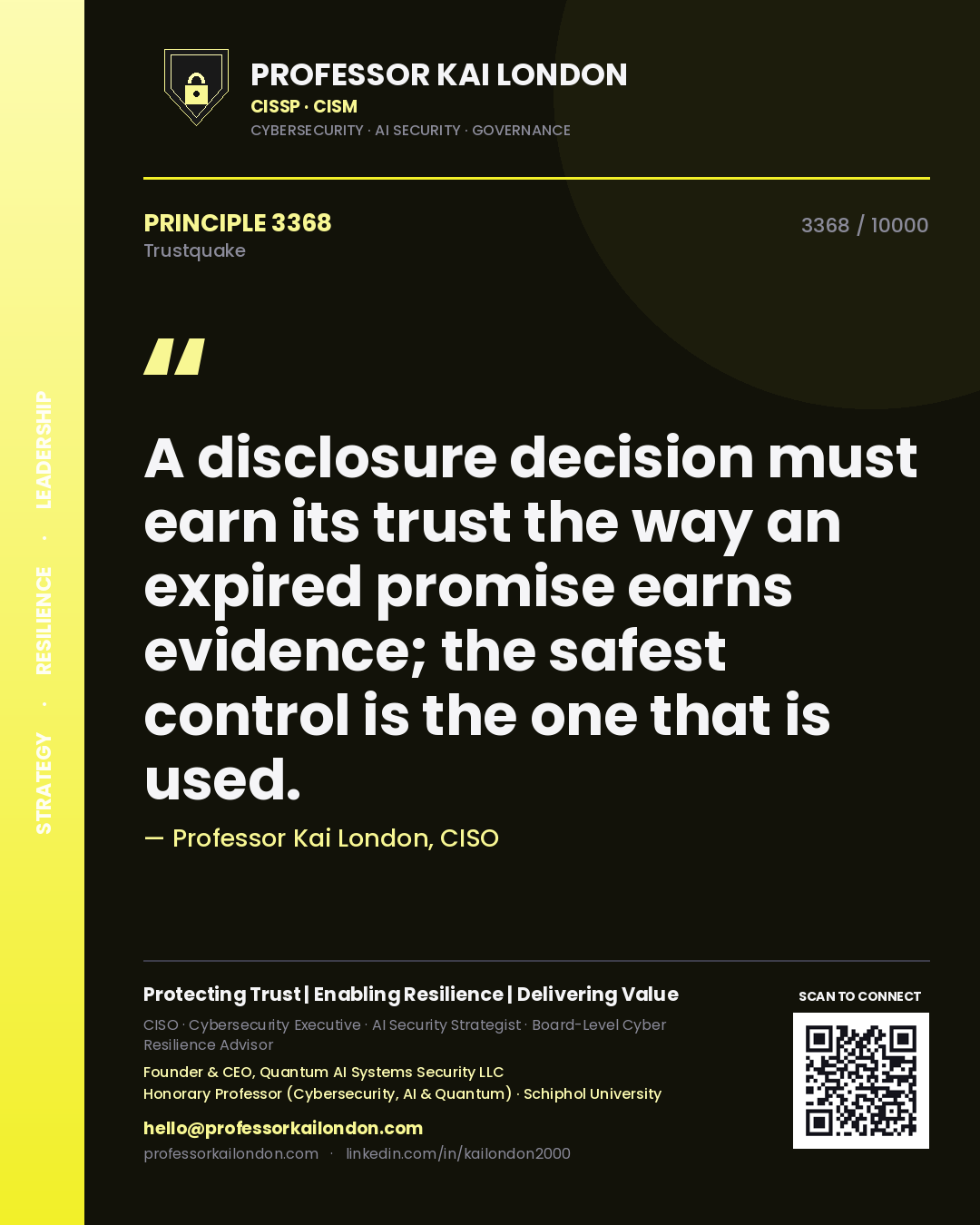 Quote card by Professor Kai London reading 'A disclosure decision must earn its trust the way an expired promise earns evidence; the safest control is the one that is used.'. From the book Trustquake.
