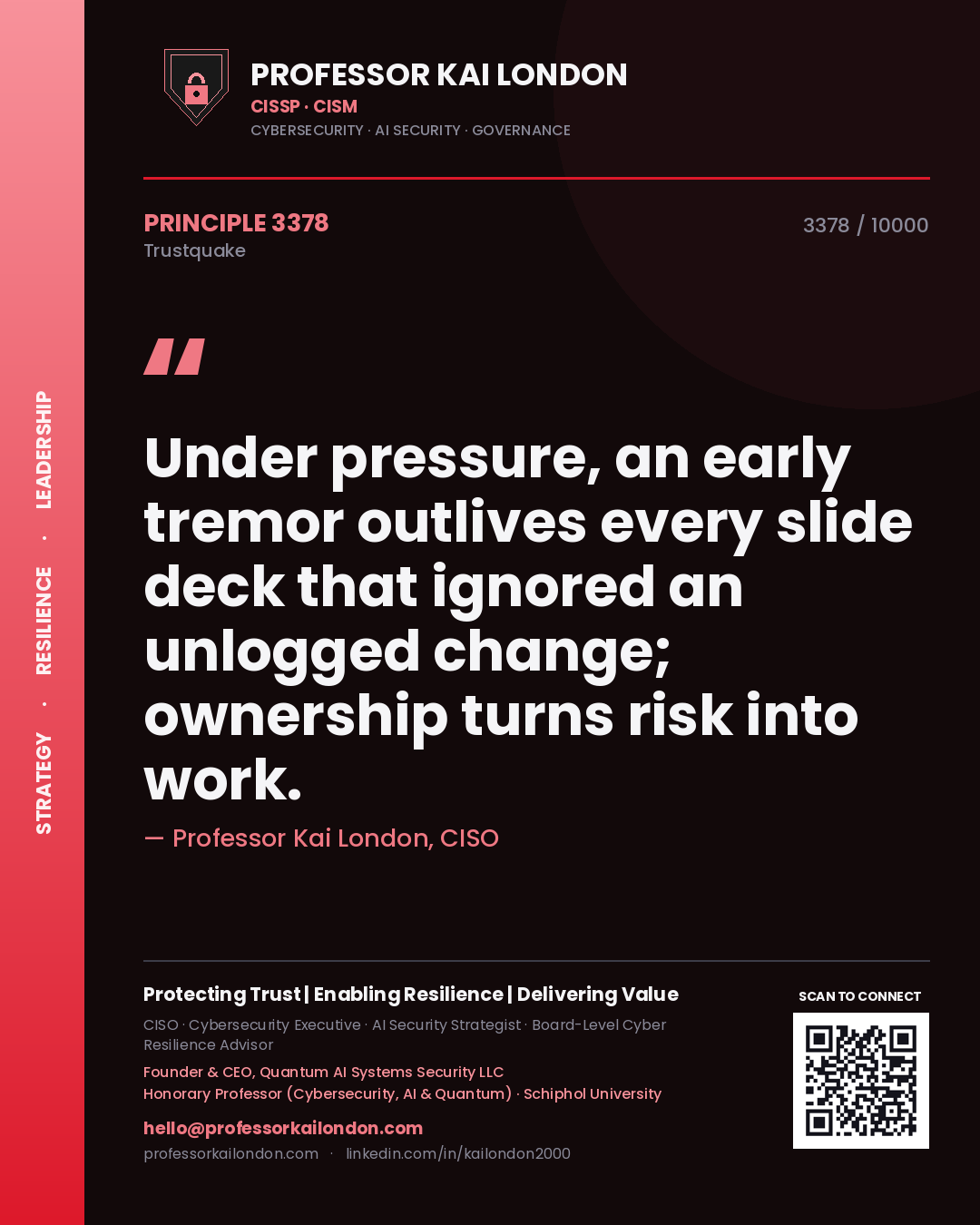 Professor Kai London principle 3378: Under pressure, an early tremor outlives every slide deck that ignored an unlogged change; ownership turns risk into work.