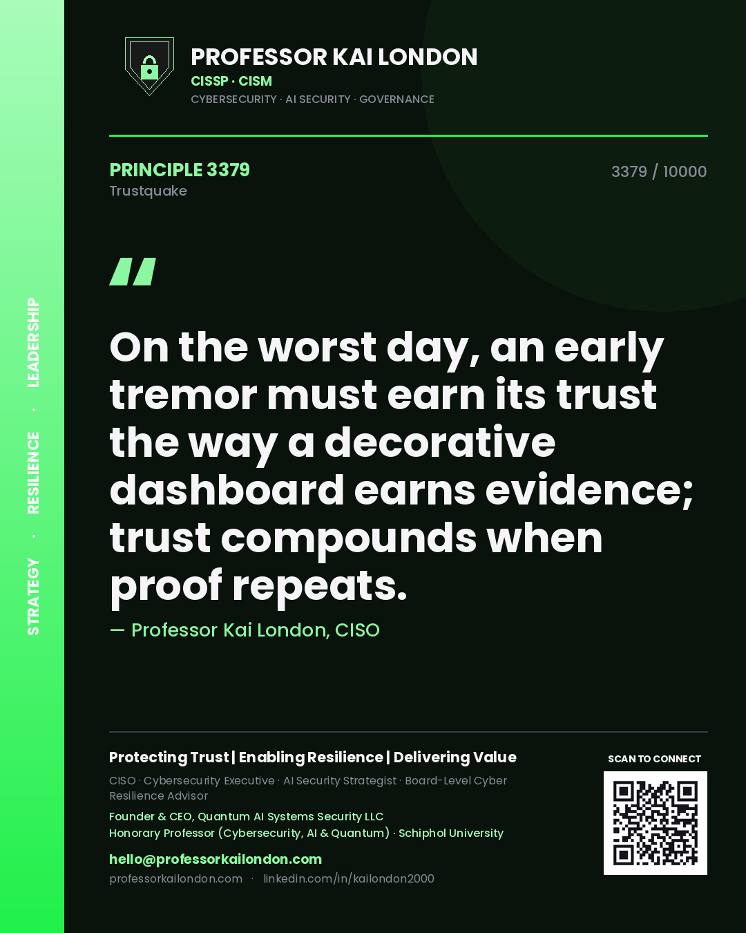 Quote card by Professor Kai London reading 'On the worst day, an early tremor must earn its trust the way a decorative dashboard earns evidence; trust compounds when proof repeats.'. From the book Trustquake.