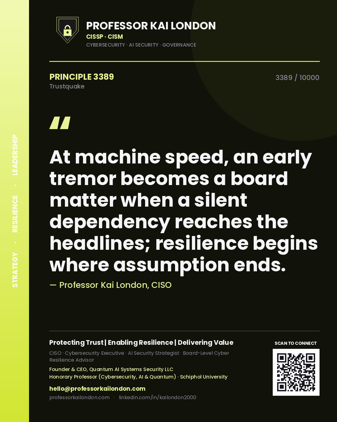 Quote card by Professor Kai London reading 'At machine speed, an early tremor becomes a board matter when a silent dependency reaches the headlines; resilience begins where assumption ends.'. From the book Trustquake.