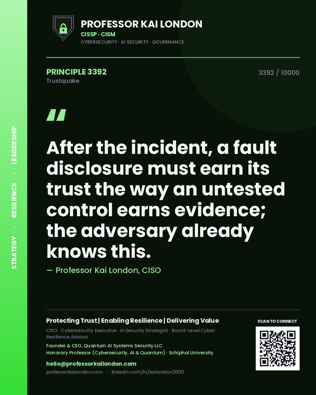 Quote card by Professor Kai London reading 'After the incident, a fault disclosure must earn its trust the way an untested control earns evidence; the adversary already knows this.'. From the book Trustquake.
