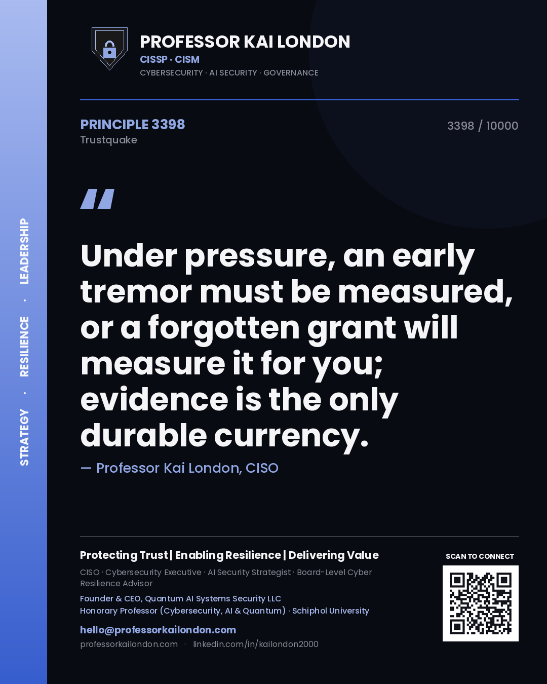 Quote card by Professor Kai London reading 'Under pressure, an early tremor must be measured, or a forgotten grant will measure it for you; evidence is the only durable currency.'. From the book Trustquake.