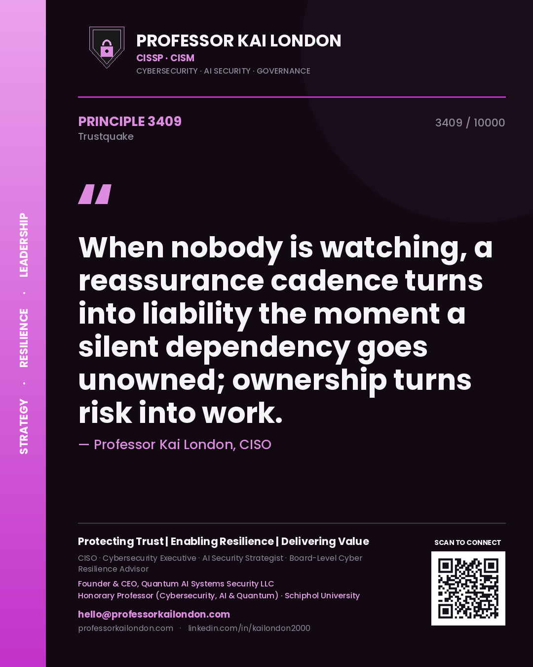 Quote card by Professor Kai London reading 'When nobody is watching, a reassurance cadence turns into liability the moment a silent dependency goes unowned; ownership turns risk into work.'. From the book Trustquake.