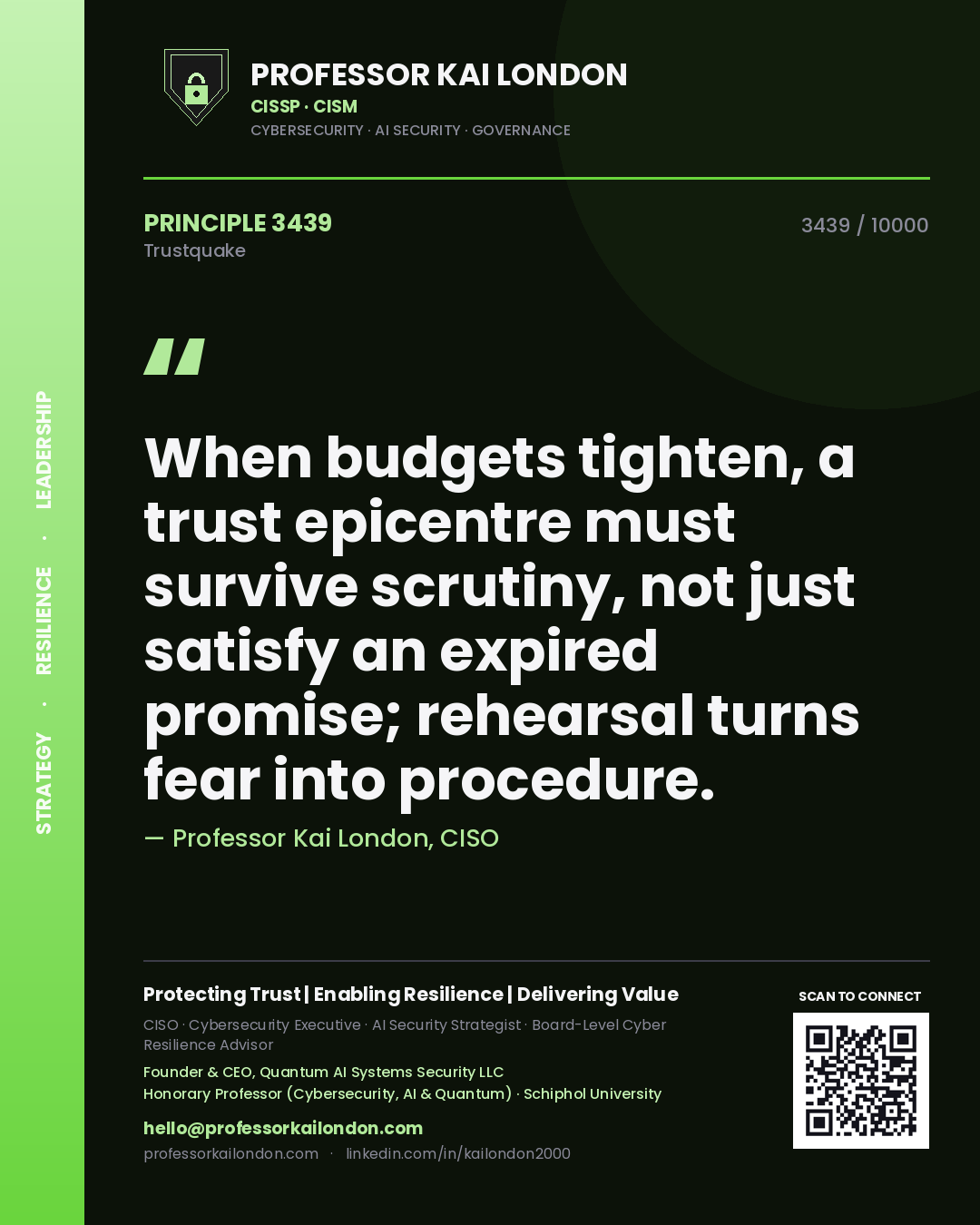 Professor Kai London principle 3439: When budgets tighten, a trust epicentre must survive scrutiny, not just satisfy an expired promise; rehearsal turns fear into procedure.