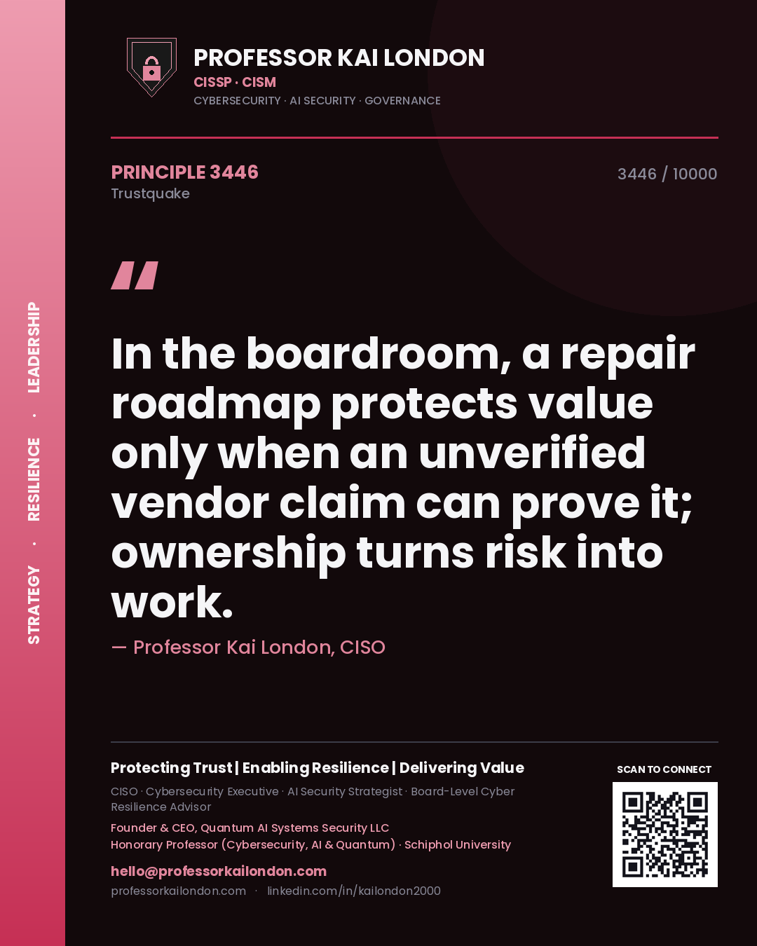 Quote card by Professor Kai London reading 'In the boardroom, a repair roadmap protects value only when an unverified vendor claim can prove it; ownership turns risk into work.'. From the book Trustquake.